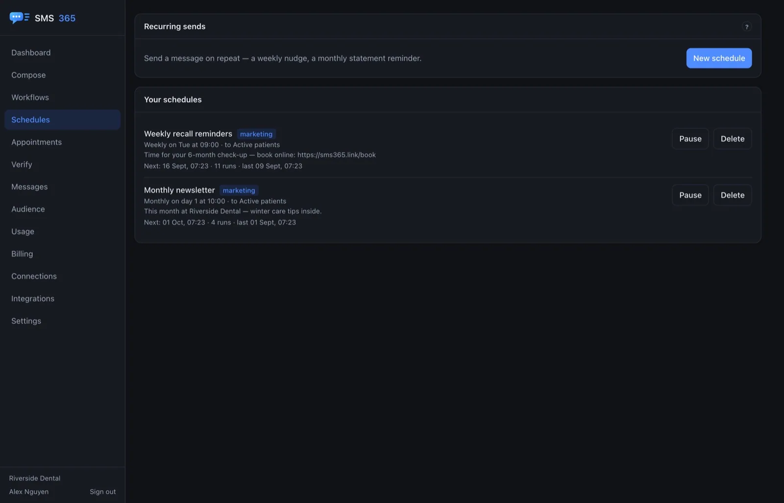 Recurring send schedules in the SMS365 console