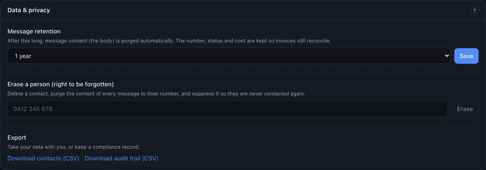 Data retention, erasure and exports